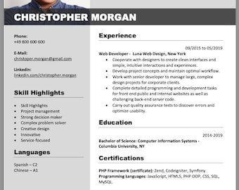 May include: A resume for Christopher Morgan, a Senior Web Developer with experience in front-end development. The resume lists his skills, experience, education, and certifications.