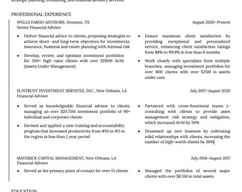 May include: A resume for Richard Williams, a financial advisor with over 7 years of experience. The resume lists his professional experience, education, and skills. It includes contact information and a summary of his qualifications.