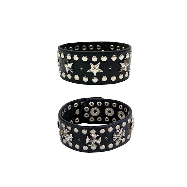 studded leather cuff bracelet - gothic cross or stars | leather bracelet | cuff bracelet | emo grunge goth | star bracelet | cross bracelet