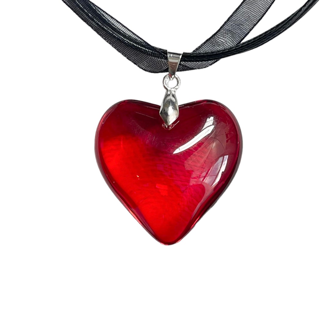 Red Glass Heart Necklace Y2k Grunge Necklace Heart Choker - Etsy