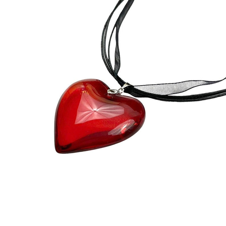 Red Glass Heart Necklace Y2k Grunge Necklace Heart Choker Etsy
