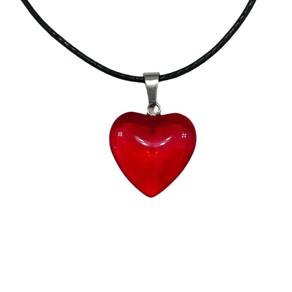 red glass heart necklace | black cord necklace | handmade necklace | y2k grunge 90s emo | gift for her | red heart choker | handmade jewelry