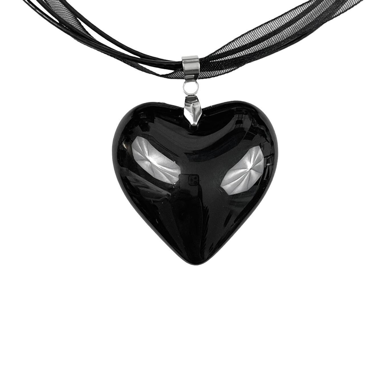 Black Glass Heart Necklace Y2k Grunge Necklace Heart Choker Etsy
