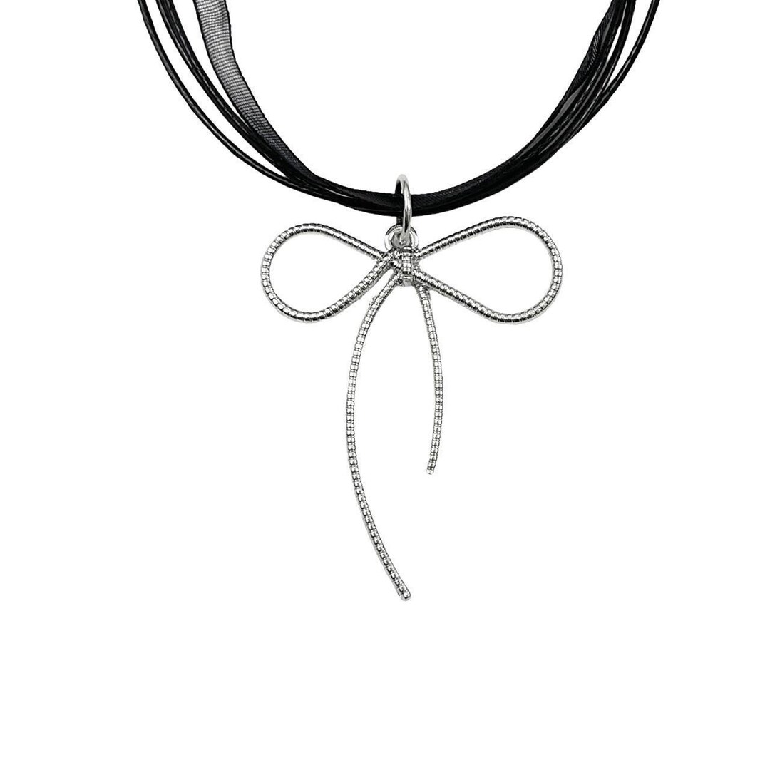 Silver Bow Ribbon Necklace Y2k Grunge Necklace Heart Choker Bow