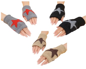 Mitaines étoilées en tricot | noir, beige, gris | manchettes | gants étoiles | gants en tricot au crochet | chauffe-mains | gants de l'an 2000 | gants grunge