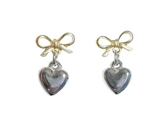 silver and gold bow & heart earrings - stainless steel | hypoallergenic | two toned earrings | handmade earrings | gift for her bow earrings