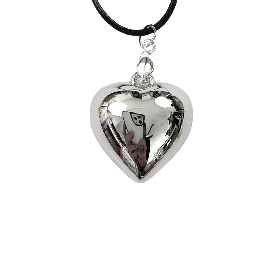 Silver Puffy Heart Pendant Necklace Heart Choker Y2k Etsy