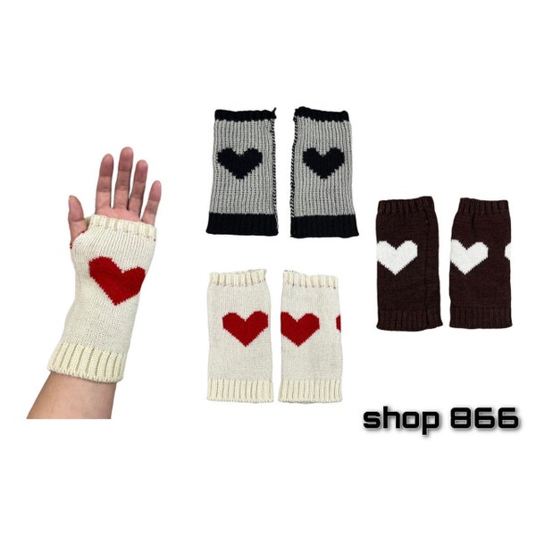 knit heart fingerless gloves | cream, grey, brown | arm warmers | heart gloves | knit crochet gloves | hand warmers | y2k gloves | coquette