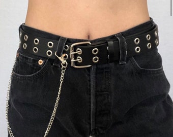 emo black leather grommet belt -  leather belt silver grommets - grunge emo goth punk silver grommet style belt | handmade belt