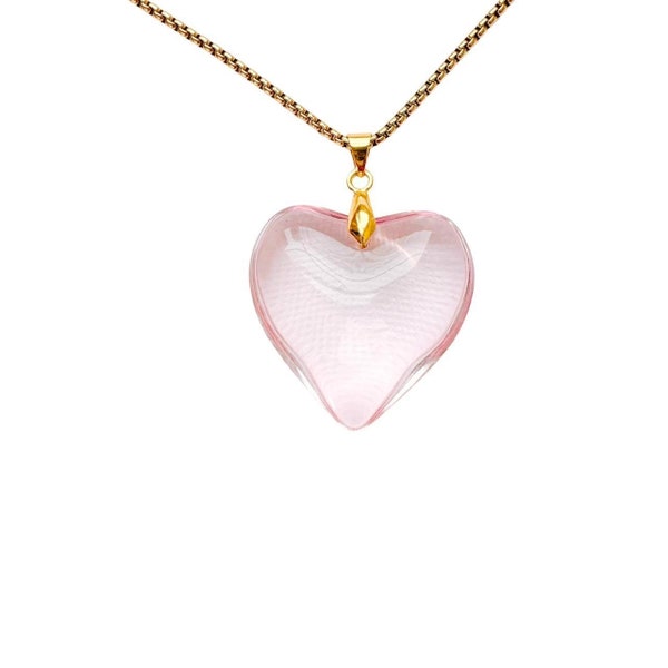 gold pink glass heart necklace | stainless steel | pink heart necklace | chunky puffy heart pendant necklace | hand blown large glass heart