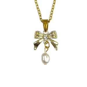 gold stainless steel bow pearl necklace | y2k grunge necklace | hypoallergenic | non-tarnish  | bow coquette freshwater pearl