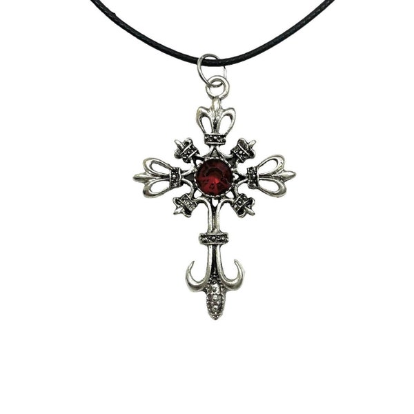 gothic crown cross corded necklace - silver with red gem y2k goth | y2k grunge necklace | emo punk necklace | hypoallergenic | alloy