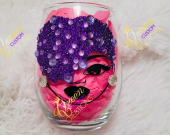 Bling Stemless Wine Glass| Afro Woman| Rhinestone Glass| Mothers Day Gift| Birthday Gift| Gifts for Her