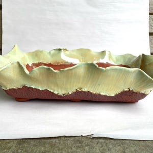 Peut inclure: Un pot rectangulaire en céramique avec un glaçage vert clair et un bord festonné. Le pot a une base brun rougeâtre avec trois petits pieds.