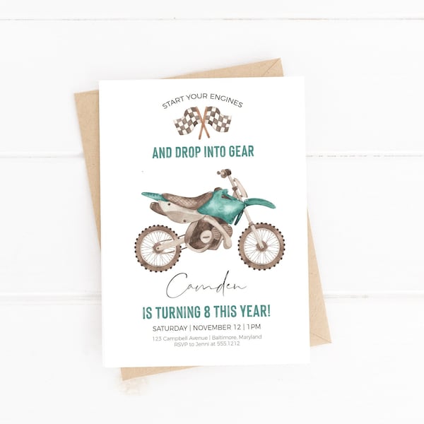 Invitation à la fête d’anniversaire de moto | Modèle de fête d’anniversaire Boy Dirt Bike modifiable | Téléchargement instantané Templett