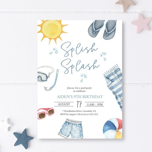 Boy Pool Birthday Party Invitation Template Swimming Party Etsy