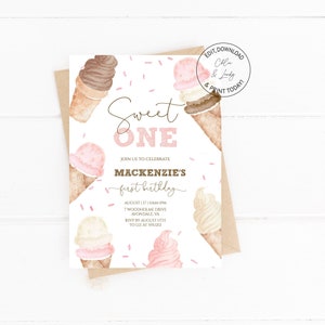 Ice Cream First Birthday Party Invite | Sweet One Girl First Birthday Party Invite | Ice Cream Birthday Invite | Instant Download | N150