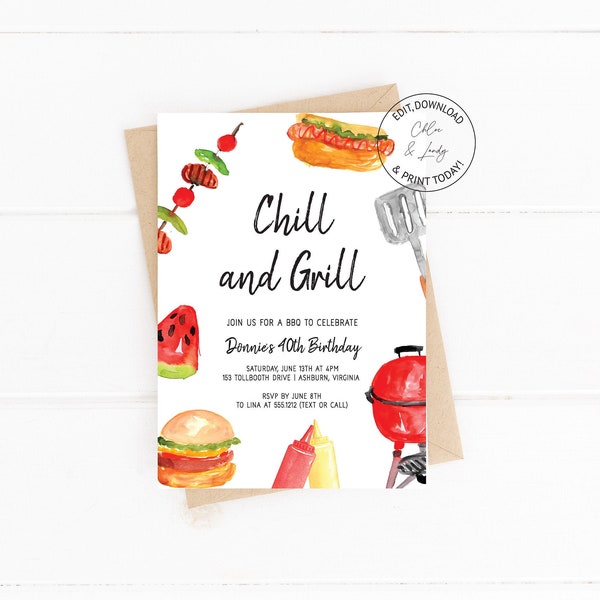 Burgers and Beer BBQ Invitation | Grill and Chill Birthday Party Invitation | Beer BBQ Invite | N135