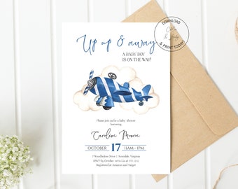 Airplane Baby Shower Invitation | Editable Boy Baby Shower Invite | Blue Airplane Invite | Templett | Instant Download | N115