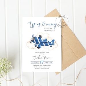 Airplane Baby Shower Invitation | Editable Boy Baby Shower Invite | Blue Airplane Invite | Templett | Instant Download | N115