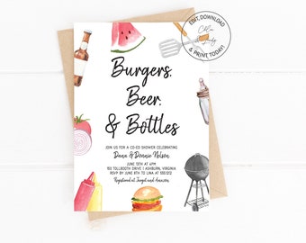 BBQ Co-ed Baby Shower Invitation | Burgers Beers and Bottles Invitation | Burgers and Bottles Shower Invite | N134