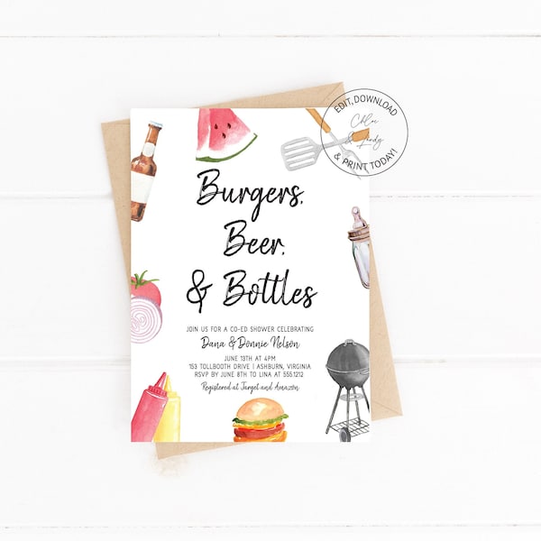 BBQ Co-ed Baby Shower Invitation | Burgers Beers and Bottles Invitation | Burgers and Bottles Shower Invite | N134
