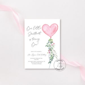 Sweetheart First Birthday Party Invitation Template | Valentine Birthday Invite | Instant Download | Printable | N123