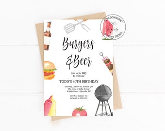 Burgers and Beer BBQ Invitation | Burgers and Beer Birthday Party Invitation | Beer BBQ Invite | N133