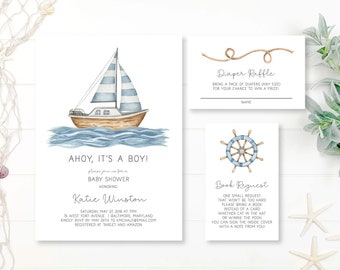 Sailboat Baby Shower Invitation Bundle, Boy Baby Shower Invitation Template, Ahoy It&#39;s a Boy, Nautical Baby Shower, Marine Baby Shower, n390