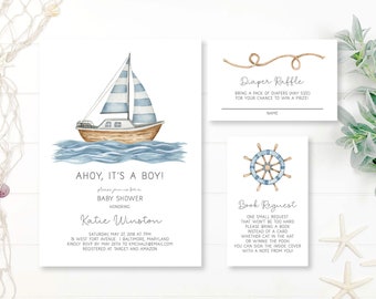 Sailboat Baby Shower Invitation Bundle, Boy Baby Shower Invitation Template, Ahoy It's a Boy, Nautical Baby Shower, Marine Baby Shower, n390