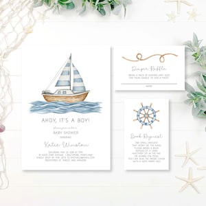Sailboat Baby Shower Invitation Bundle, Boy Baby Shower Invitation Template, Ahoy It&#39;s a Boy, Nautical Baby Shower, Marine Baby Shower, n390