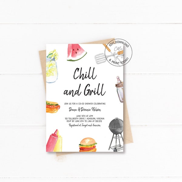 BBQ Co-ed Baby Shower Invitation | Chill and Grill Baby Shower Invitation Invitation | Burgers and Bottles Shower Invite | N135b