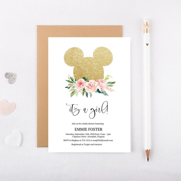 Minnie Baby Shower Invitation | Pink and Gold Floral Minnie Baby Shower Invite | Instant Download | N54