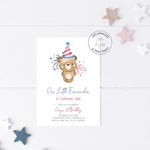 Fourth of July Birthday Invitation | Our Little Firecracker | July 4th Red White Birthday Party Invite | Templett | Instant Download | N149
