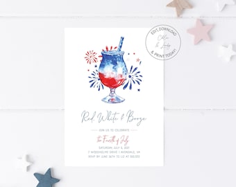 Fourth of July Party Invitation | Red White and Booze Invitation | July 4th Red Birthday Party Invite | Templett | Instant Download | N151