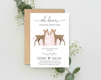 Twins Baby Shower Invitation | Twin Deer Baby Shower Invite | Girl Twin Shower Invitation | Instant Download, N46