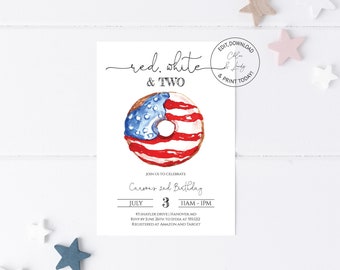 Fourth of July Birthday Invitation | Red White and Two Invite | July 4th Red Birthday Party Invite | Templett | Instant Download | N153