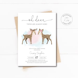 Twins Baby Shower Invitation | Twin Deer Baby Shower Invite | Boy and Girl Twin Shower Invitation | Instant Download, N46