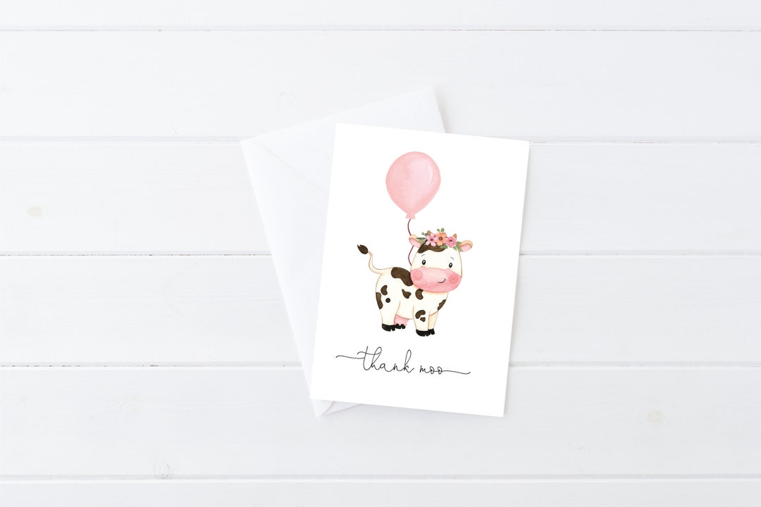 Pink Cow Thank You Card Thank Moo Birthday Party Thank You Card