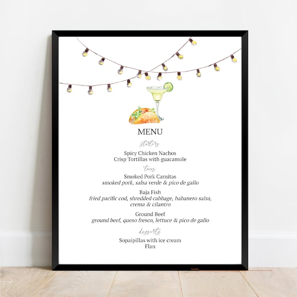 Tacos and Margaritas Rehearsal Dinner Menu Sign| Fiesta Menu Sign | Tacos Engagement Party Menu | Instant Download Sign | N140