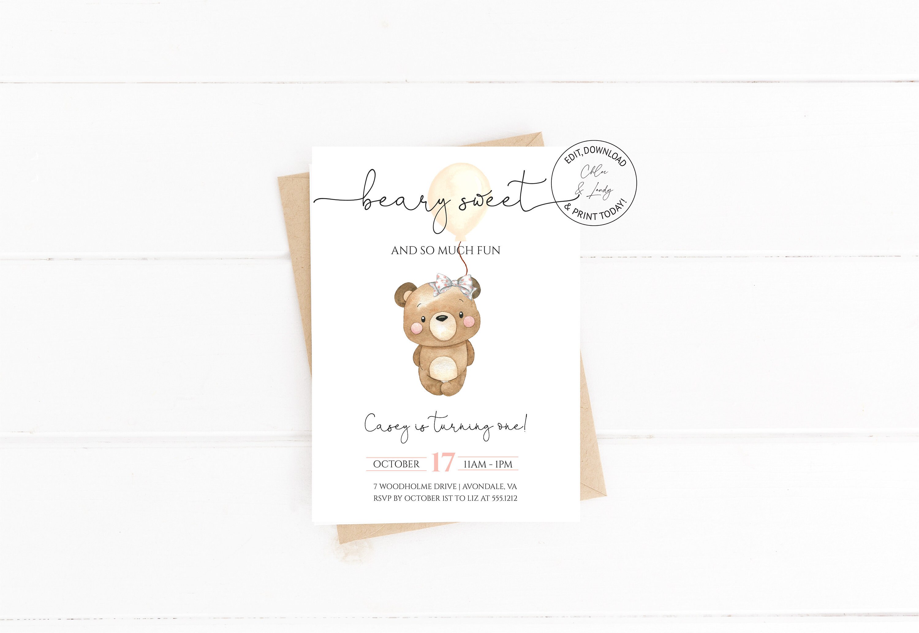 Girl First Birthday Party Invitation Girl Teddy Bear Birthday Party Invite Beary Sweet Invite Templett Instant Download N43W