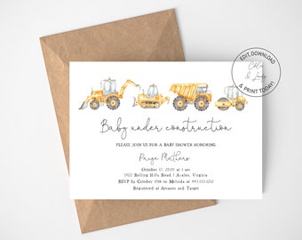 Baby Under Construction Baby Shower Invitation | Editable Boy Shower Invite template | Templett | Instant Download | N128
