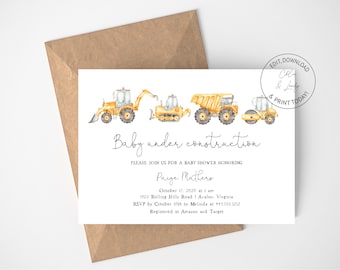 Baby Under Construction Baby Shower Invitation | Editable Boy Shower Invite template | Templett | Instant Download | N128