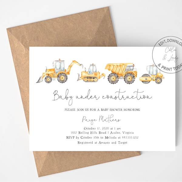 Baby Under Construction Baby Shower Invitation | Editable Boy Shower Invite template | Templett | Instant Download | N128