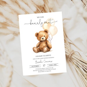 Teddy Bear Baby Shower Invitation | Boy Baby Shower Invite | Minimalist We can Bearly Wait Invite | Templett | Instant Download | N65
