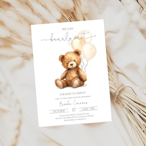 Teddy Bear Baby Shower Invitation | Boy Baby Shower Invite | Minimalist We can Bearly Wait Invite | Templett | Instant Download | N65