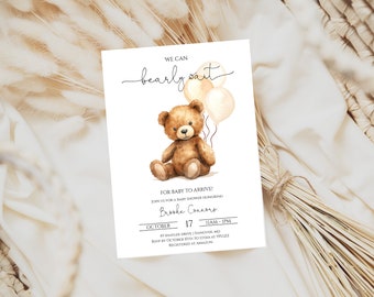 Teddy Bear Baby Shower Invitation | Boy Baby Shower Invite | Minimalist We can Bearly Wait Invite | Templett | Instant Download | N65