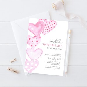 Our little sweetheart first birthday Invitation Template | Girl Valentine Birthday Party Invite | Instant Download | N209