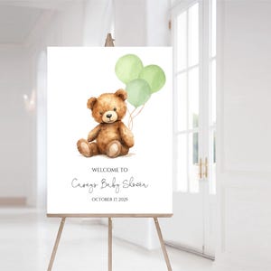 Panneau de bienvenue vert ours en peluche pour baby shower | Panneau de douche Petit ours | Panneau imprimable baby shower garçon | Templett | Téléchargement instantané | 65 g N