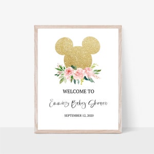 Minnie Baby Shower Welcome Sign | Floral Minnie Party Sign | Pink and Gold Minnie Birthday Party Sign | Templett | Instant Download | N54